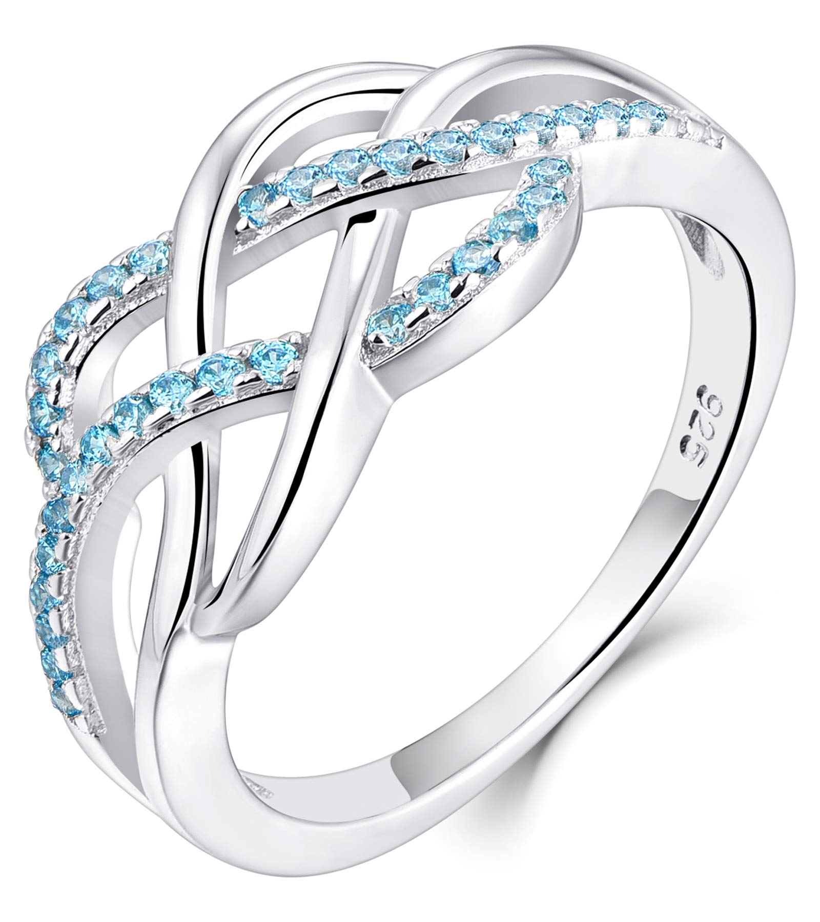 YL Celtic Knot Rings 925 Sterling Silver Twisted Knot Ring 18k White Gold Plated Created Aquamarine Infinity Statement Rings-size7