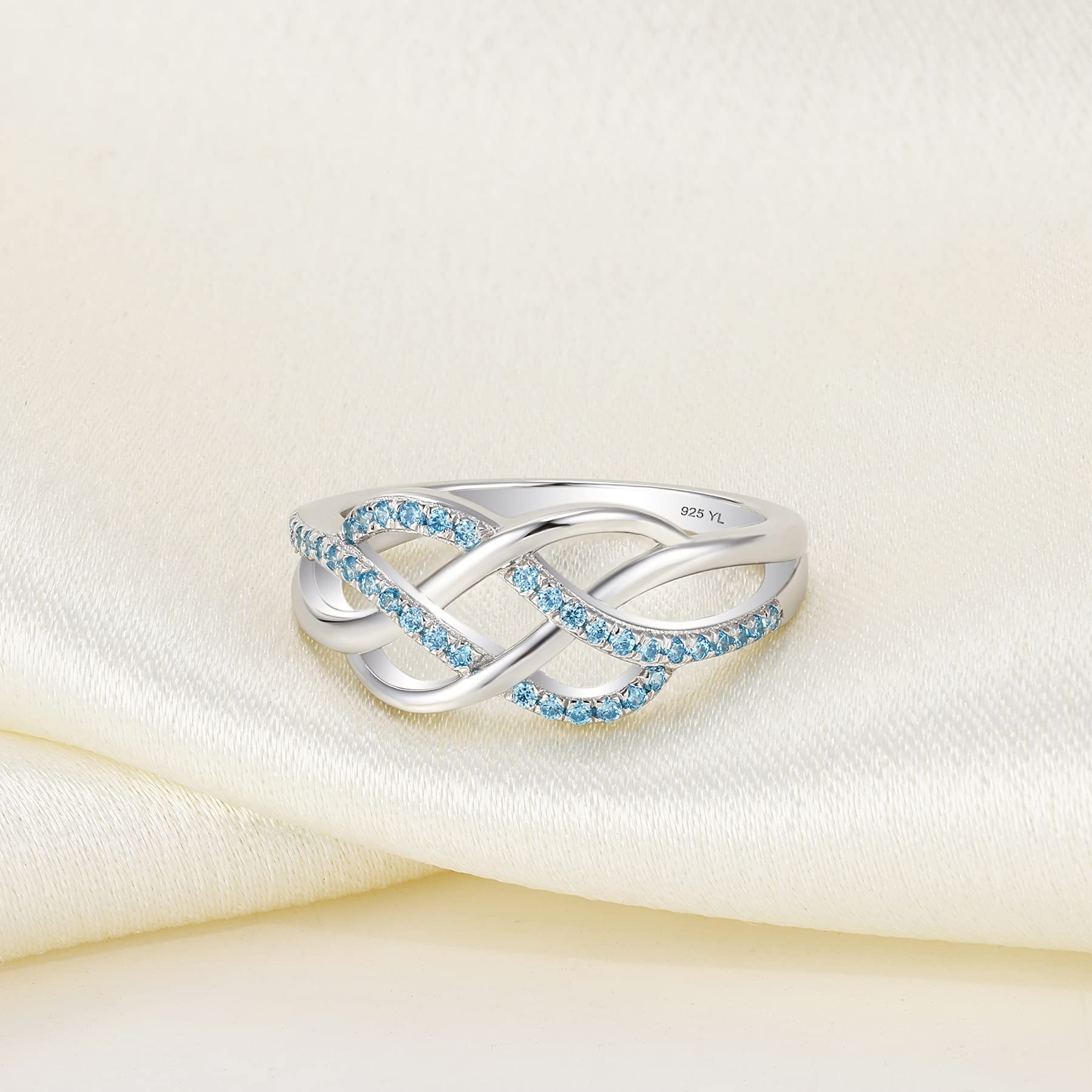 YL Celtic Knot Rings 925 Sterling Silver Twisted Knot Ring 18k White Gold Plated Created Aquamarine Infinity Statement Rings-size7