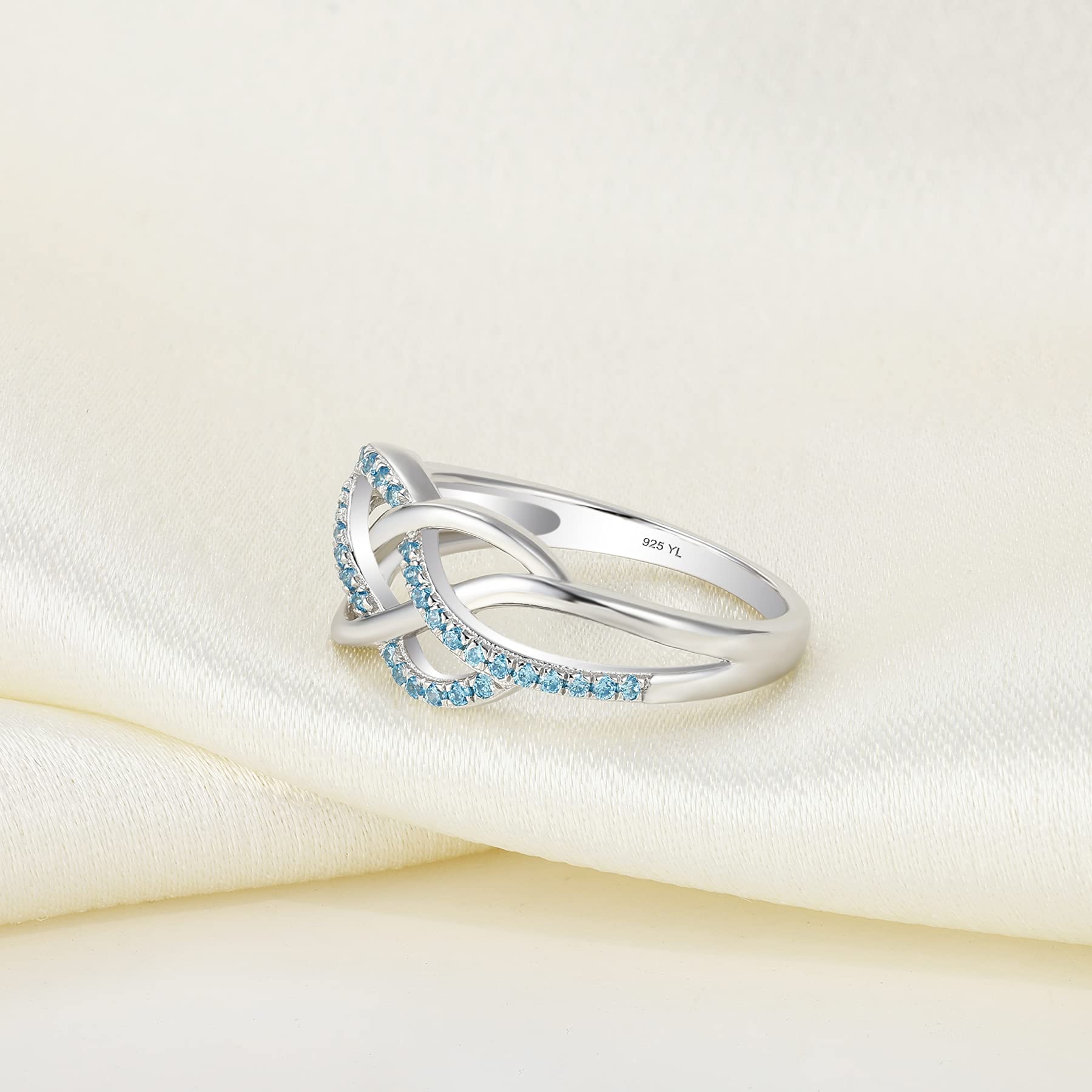 YL Celtic Knot Rings 925 Sterling Silver Twisted Knot Ring 18k White Gold Plated Created Aquamarine Infinity Statement Rings-size7