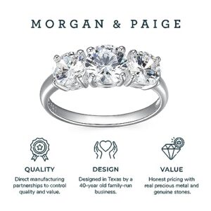 MORGAN & PAIGE Round Cut Cubic Zirconia Ring - Prong-Set Three Stone Engagement Ring/Promise Rings For Women With Real 925 Sterling Silver Band - Size 6