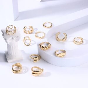 FIBO STEEL 12PCS Gold Dome Chunky Rings for Women, 18K Gold Plated Croissant, Braided Twisted, Stacking Round Signet, Adjustable Open Styles (Gold)