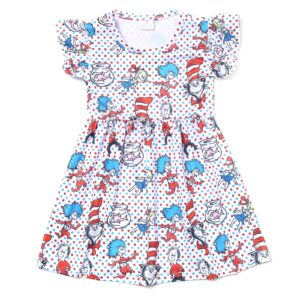toddler girls cat pattern dress cartoon twirl dress flutter sleeve clothes 6-7y