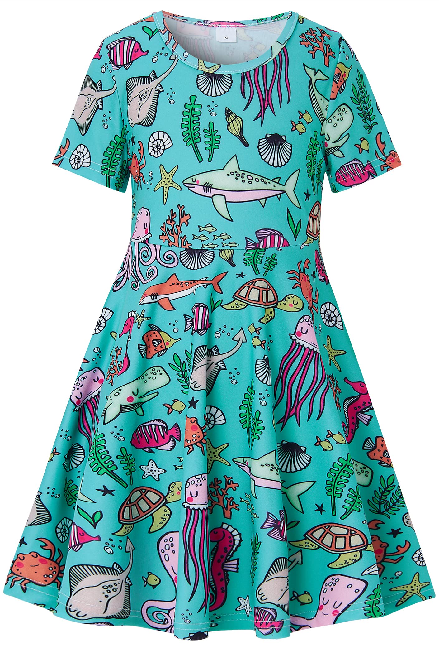 RAISEVERN Little Girl Dress Shark Octopus Turtle Ocean Short Sleeve Casual Sundress Kids Summer Swing Twirly Midi Dresses 2 Years Old