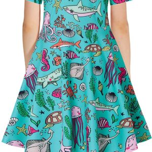 RAISEVERN Little Girl Dress Shark Octopus Turtle Ocean Short Sleeve Casual Sundress Kids Summer Swing Twirly Midi Dresses 2 Years Old