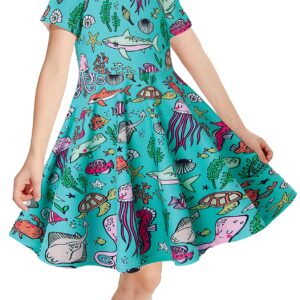 RAISEVERN Little Girl Dress Shark Octopus Turtle Ocean Short Sleeve Casual Sundress Kids Summer Swing Twirly Midi Dresses 2 Years Old