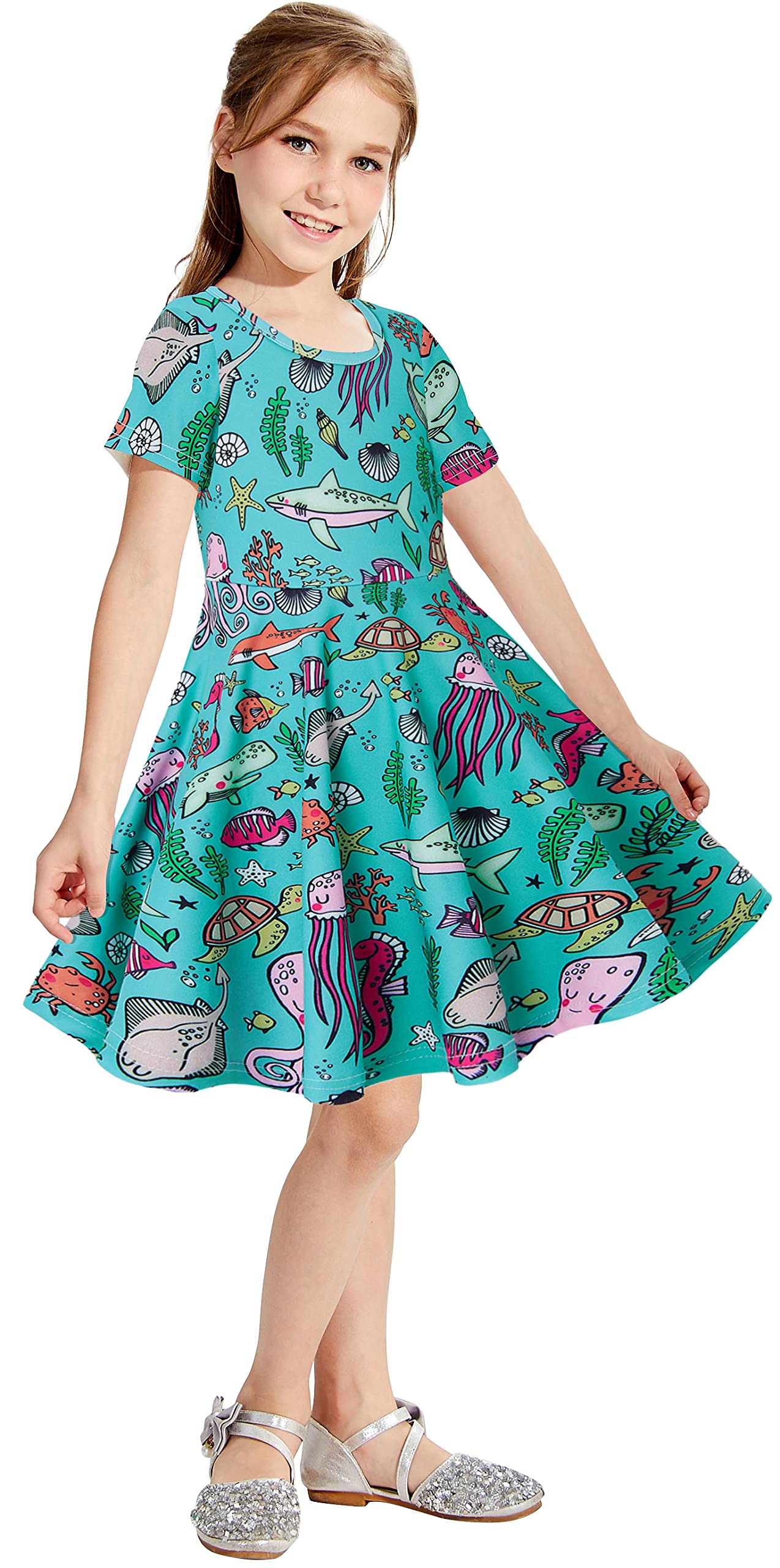 RAISEVERN Little Girl Dress Shark Octopus Turtle Ocean Short Sleeve Casual Sundress Kids Summer Swing Twirly Midi Dresses 2 Years Old