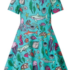 RAISEVERN Little Girl Dress Shark Octopus Turtle Ocean Short Sleeve Casual Sundress Kids Summer Swing Twirly Midi Dresses 2 Years Old