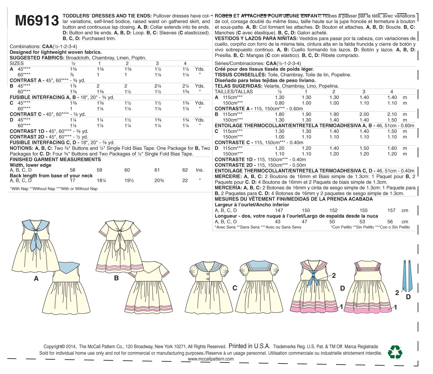 McCall Pattern Company M6913 Toddlers' Dresses and Tie Ends, Size CAA