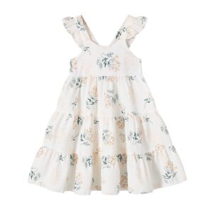 YOUNGER TREE Toddler Baby Girls Infant Clothes Floral Flutter Sleeve Princess Dress Summer Cotton Line Skirts for Girls(4-5T,White Floral)