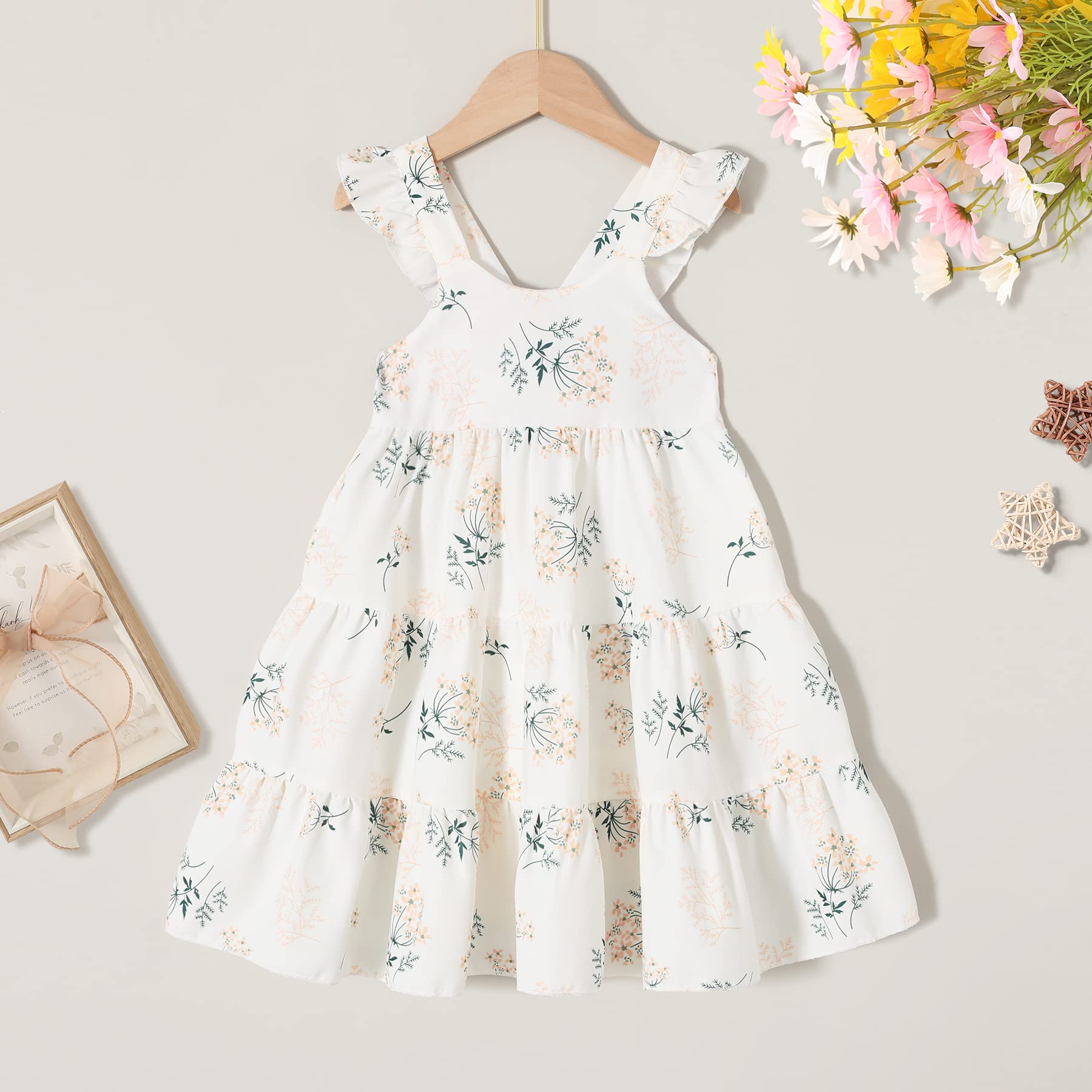 YOUNGER TREE Toddler Baby Girls Infant Clothes Floral Flutter Sleeve Princess Dress Summer Cotton Line Skirts for Girls(4-5T,White Floral)