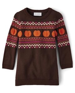 the children's place baby girls' and toddler pumpkin, fall sweater dress, dk hazelnut