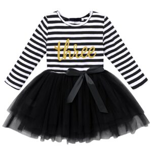 Baby Girls Shinny Stripe Long Sleeve Printed Princess Casual Birthday Tutu Tulle Dress Black(3 Years)