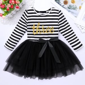 Baby Girls Shinny Stripe Long Sleeve Printed Princess Casual Birthday Tutu Tulle Dress Black(3 Years)