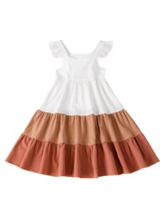 verdusa toddler girl's colorblock ruffle hem a line square neck sleeveless mini dress white brown 120