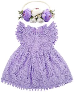 bgfks baby girl tutu dress elegant lace pom pom flutter sleeve with flower headband set(purple,3t)