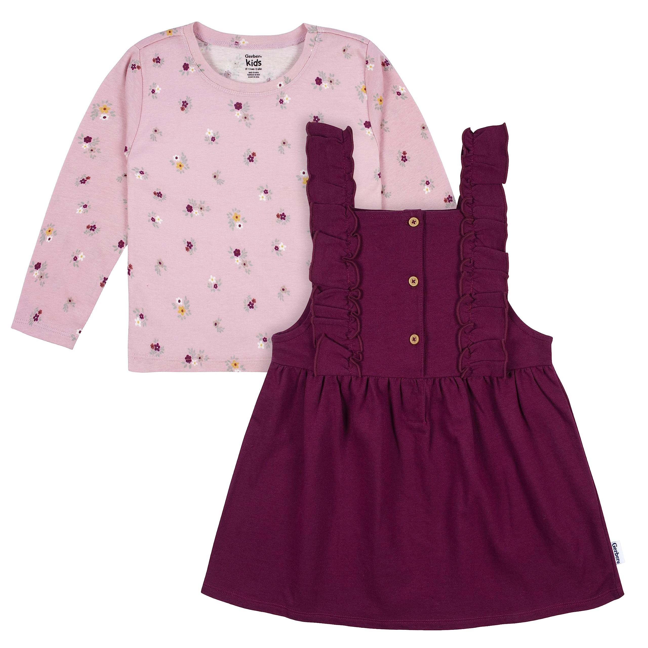 Gerber Baby Girls Toddler 2 Piece Overall Dress Set, Purple Floral, 4T