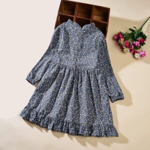 VINUOKER Toddler Girls Cotton Dress Long Sleeve Floral Dress for Little Girls Midi Dress 2-8years Fall Winter Dress A-blue