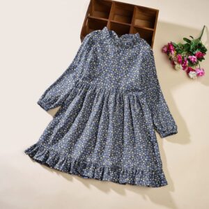 VINUOKER Toddler Girls Cotton Dress Long Sleeve Floral Dress for Little Girls Midi Dress 2-8years Fall Winter Dress A-blue