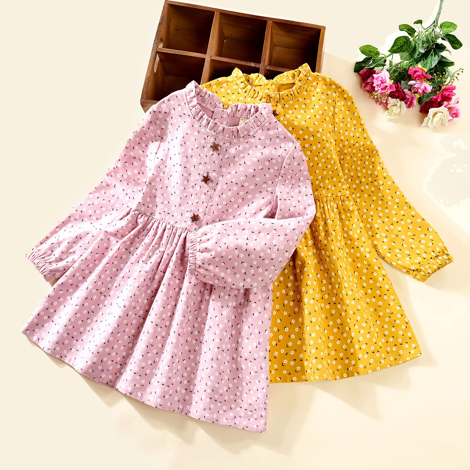 VINUOKER Toddler Baby Girls Floral Dress Long Sleeve Cotton Dress Fall Winter Midi Dress Little Girl Dress 2-7 Years Yellow