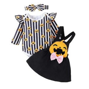 fusoyun toddler girl long sleeve striped pumpkin pattern dress with headbands suit for 0 to 18 toddler (black, 12-18 months)