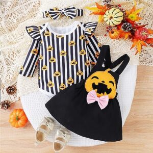 FUSOYUN Toddler Girl Long Sleeve Striped Pumpkin Pattern Dress With Headbands Suit For 0 To 18 Toddler (Black, 12-18 Months)