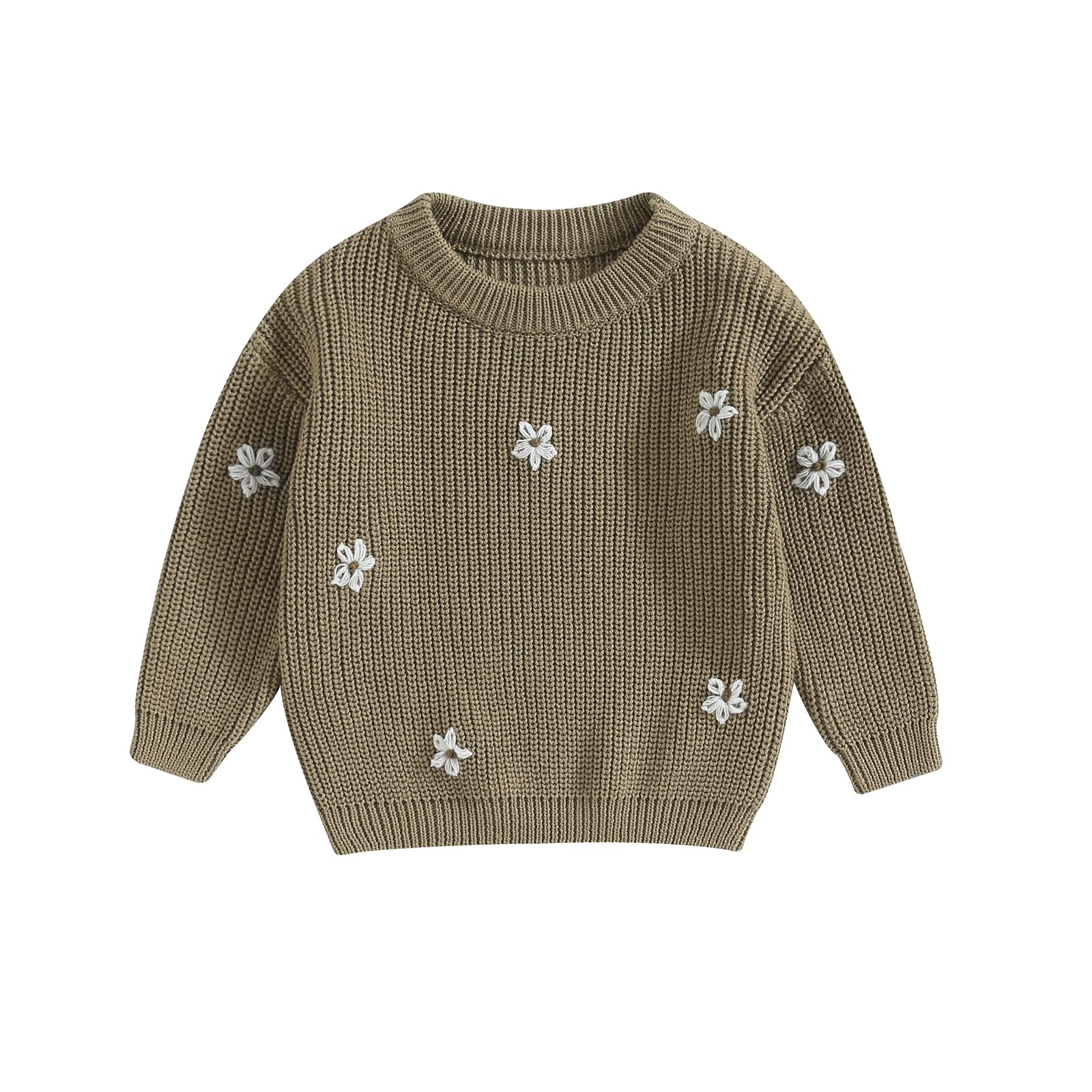 Toddler Baby Girl Boy Knit Sweater Round Neck Long Sleeve Pullover Sweatshirt Fall Winter Clothes (Flower Khaki, 2-3 Years)