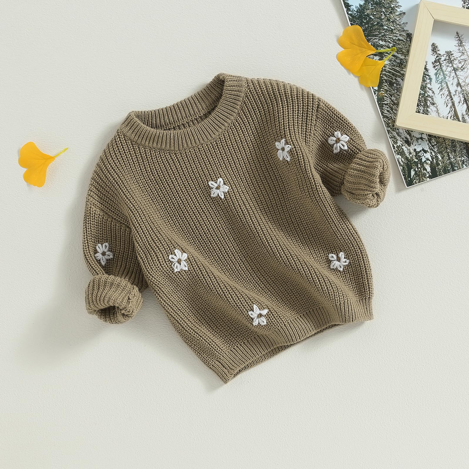 Toddler Baby Girl Boy Knit Sweater Round Neck Long Sleeve Pullover Sweatshirt Fall Winter Clothes (Flower Khaki, 2-3 Years)