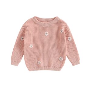 yokjzjd newborn toddler baby girl chunky knit sweater flower warm sweatshirt long sleeve t-shirt knitted fall winter clothes (pink, 3-4 years)