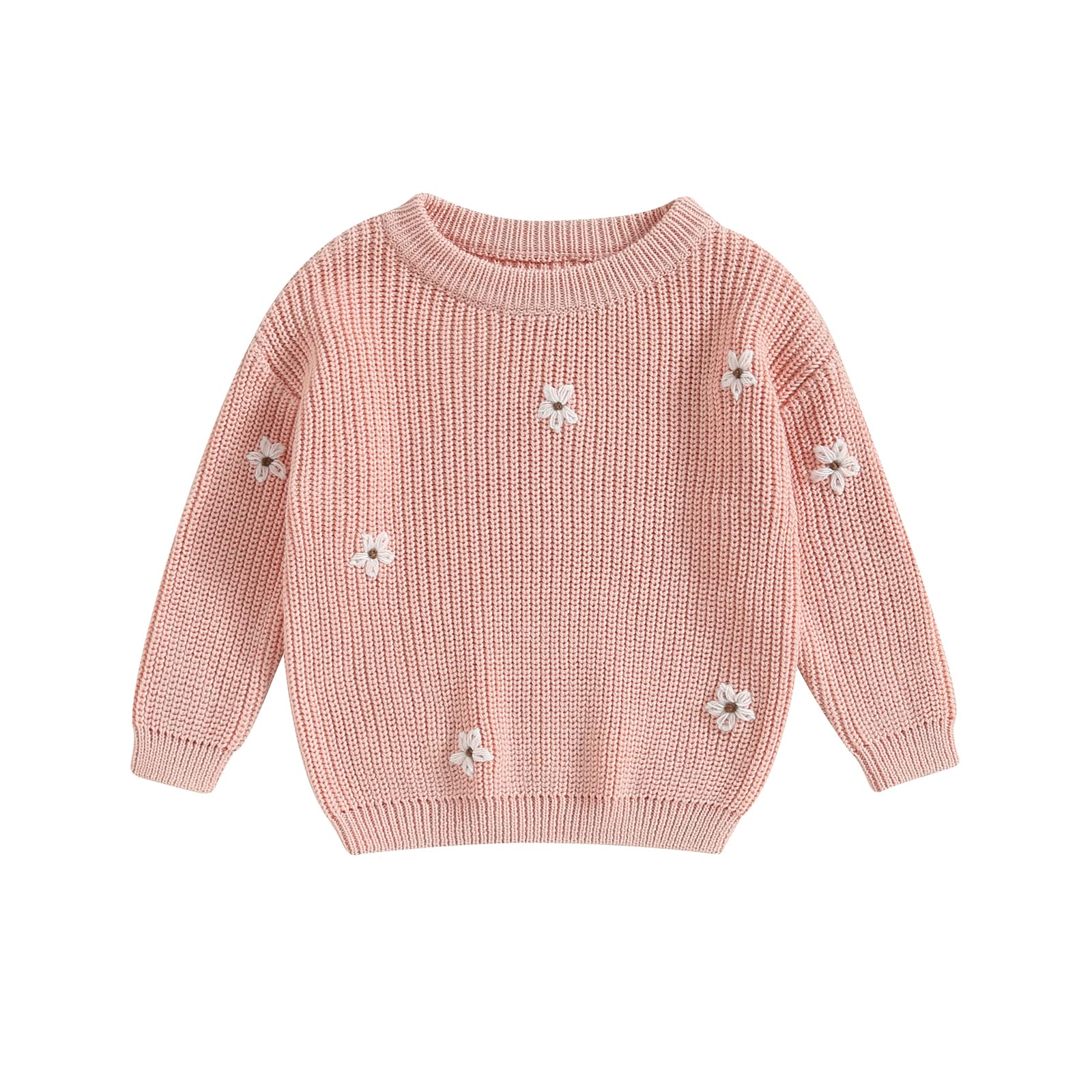 YOKJZJD Newborn Toddler Baby Girl Chunky Knit Sweater Flower Warm Sweatshirt Long Sleeve T-Shirt Knitted Fall Winter Clothes (Pink, 3-4 Years)