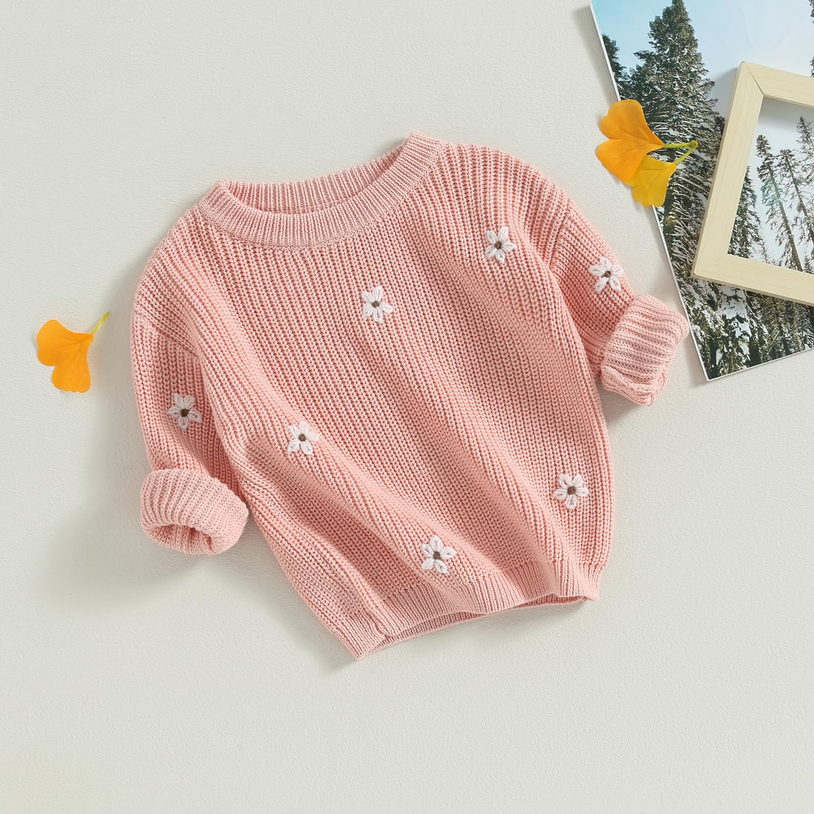 YOKJZJD Newborn Toddler Baby Girl Chunky Knit Sweater Flower Warm Sweatshirt Long Sleeve T-Shirt Knitted Fall Winter Clothes (Pink, 3-4 Years)