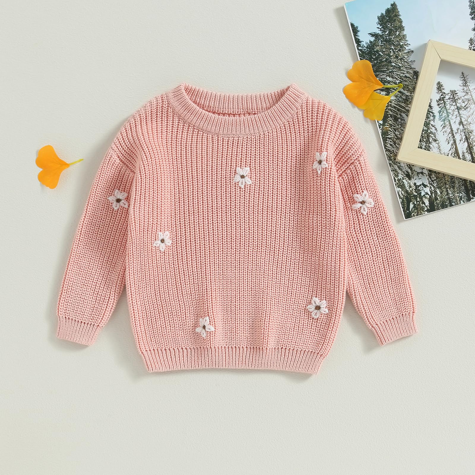 YOKJZJD Newborn Toddler Baby Girl Chunky Knit Sweater Flower Warm Sweatshirt Long Sleeve T-Shirt Knitted Fall Winter Clothes (Pink, 3-4 Years)