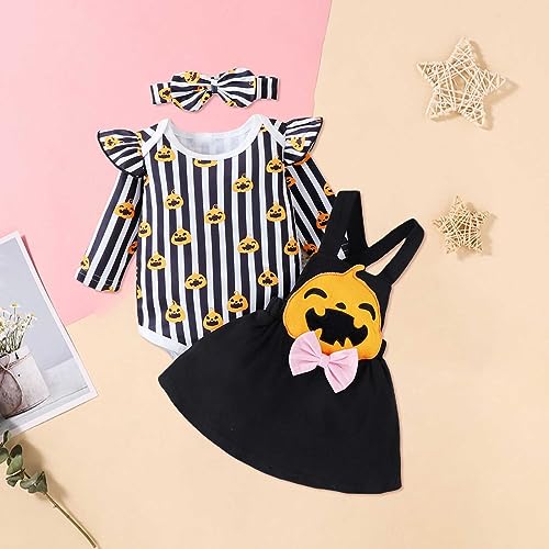 Toddler Girl Long Sleeve Striped Pumpkin Pattern Dress with Headbands Suit for 0 to 18 Months Baby (Black, 9-12 Months)