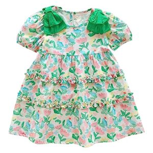 toddler kids baby girls summer casual short sleeved floral pattern dress party princess dress (green, 18-24 months)