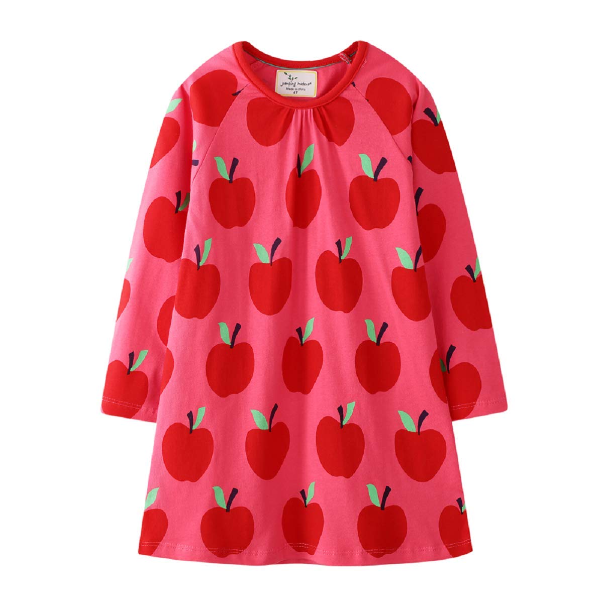 Hongshilian Toddler Girls Longsleeve Dress Cotton Jersey Casual Dresses Cartoon Applique(2T,Apple & Red)