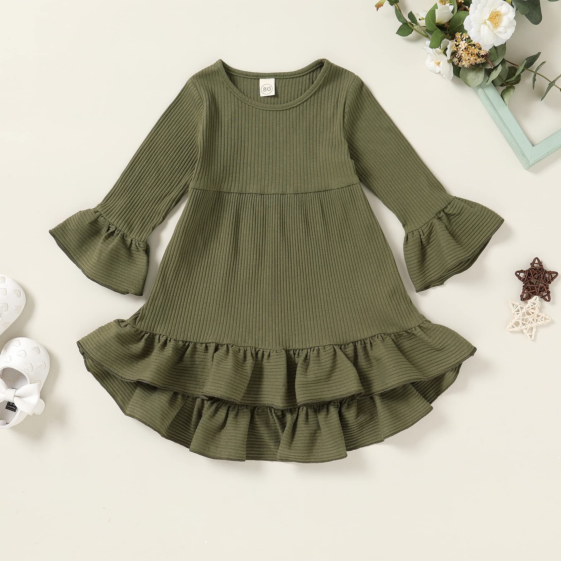 YOUNGER TREE Toddler Baby Girls Spring Clothing Solid Color Cotton Pit Irregular Skirt Winter Dress Long Sleeve Skirt Outfits(Green, 2-3T)