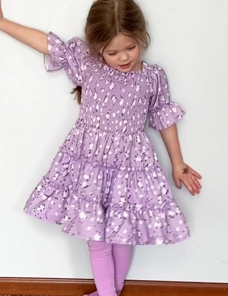 Purple Toddler Girl Dress Square Neck Puff Sleeve A-Line Toddler Floral Dresses Summer Dresses for Toddler Girls 5T 6T Dress