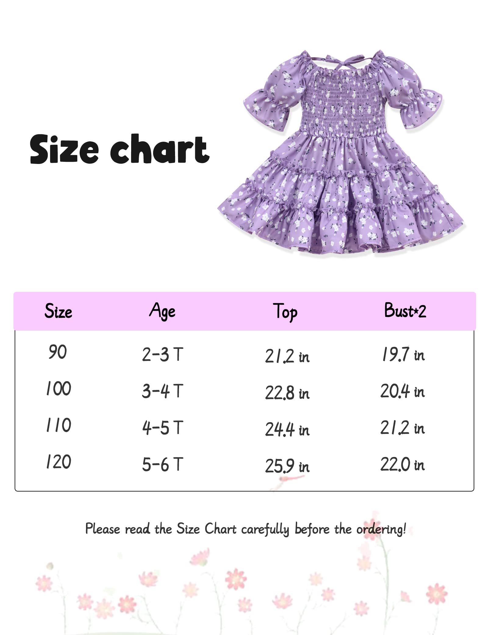 Purple Toddler Girl Dress Square Neck Puff Sleeve A-Line Toddler Floral Dresses Summer Dresses for Toddler Girls 5T 6T Dress