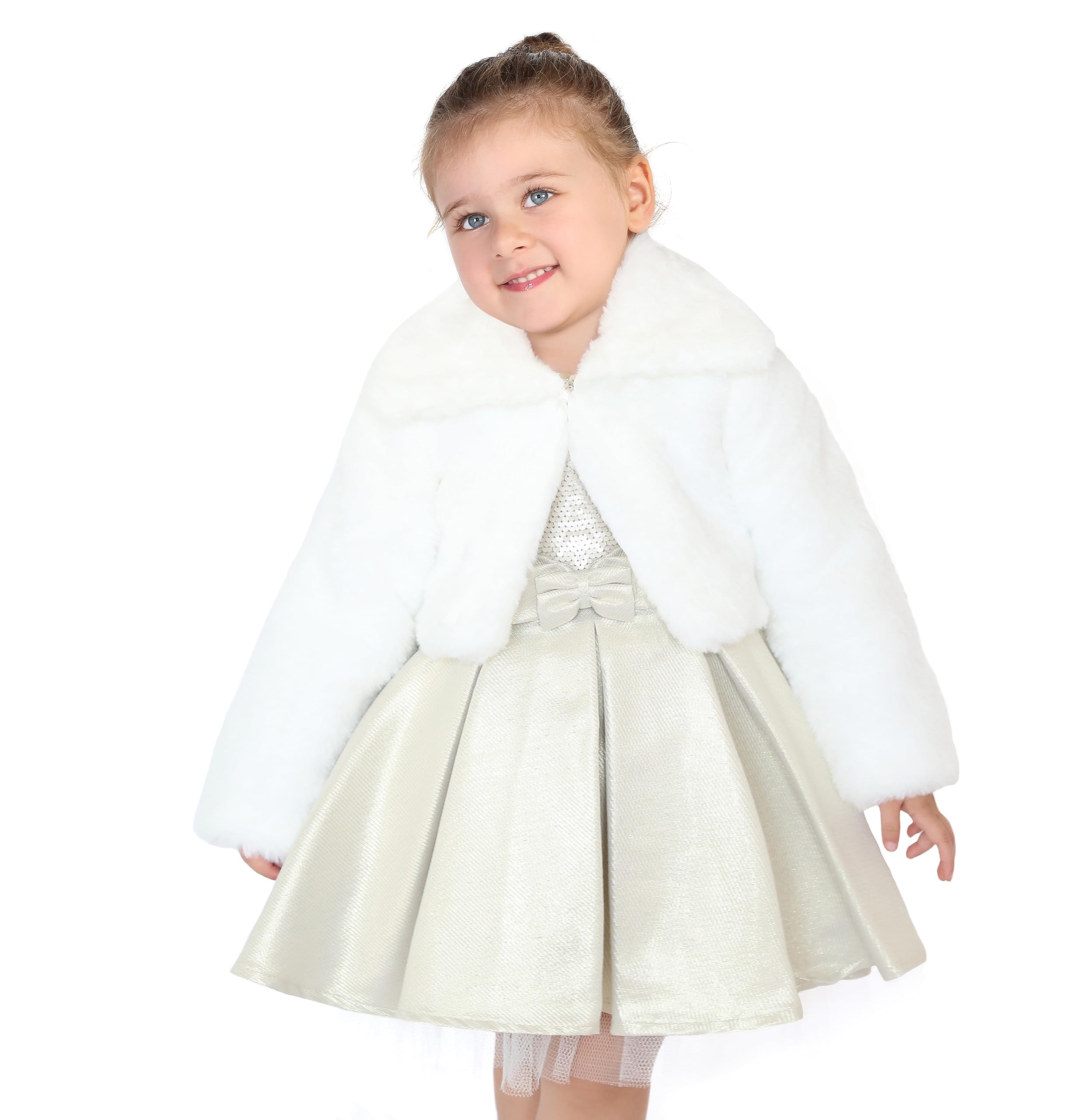 Lilax Girls Faux Fur Bolero Shrug Button Closure Cozy Dress Coat (8 Years, White)