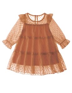 glaoly flower girl dress summer a-line brown ruffle swiss dot mesh flowy chiffon long sleeve princess toddler dress 5-6t