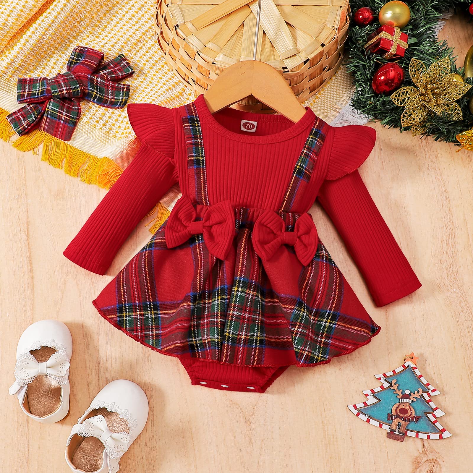 Baby Girl Christmas Outfit Newbron Christmas Dress Romper Ruffle Lace Sequin Tulle Dresses Santa Xmas Clothes (Red Plaid Dress, 3-6 Months)