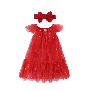 1-5T Baby Girl Sequins Dress Christmas Toddler Clothes Girl Two Piece Outfit Casual Tulle Tutu Dress + Headband Set (A Red, 4-5 Years)