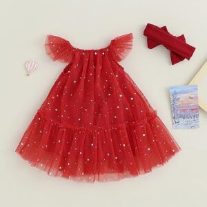 1-5T Baby Girl Sequins Dress Christmas Toddler Clothes Girl Two Piece Outfit Casual Tulle Tutu Dress + Headband Set (A Red, 4-5 Years)