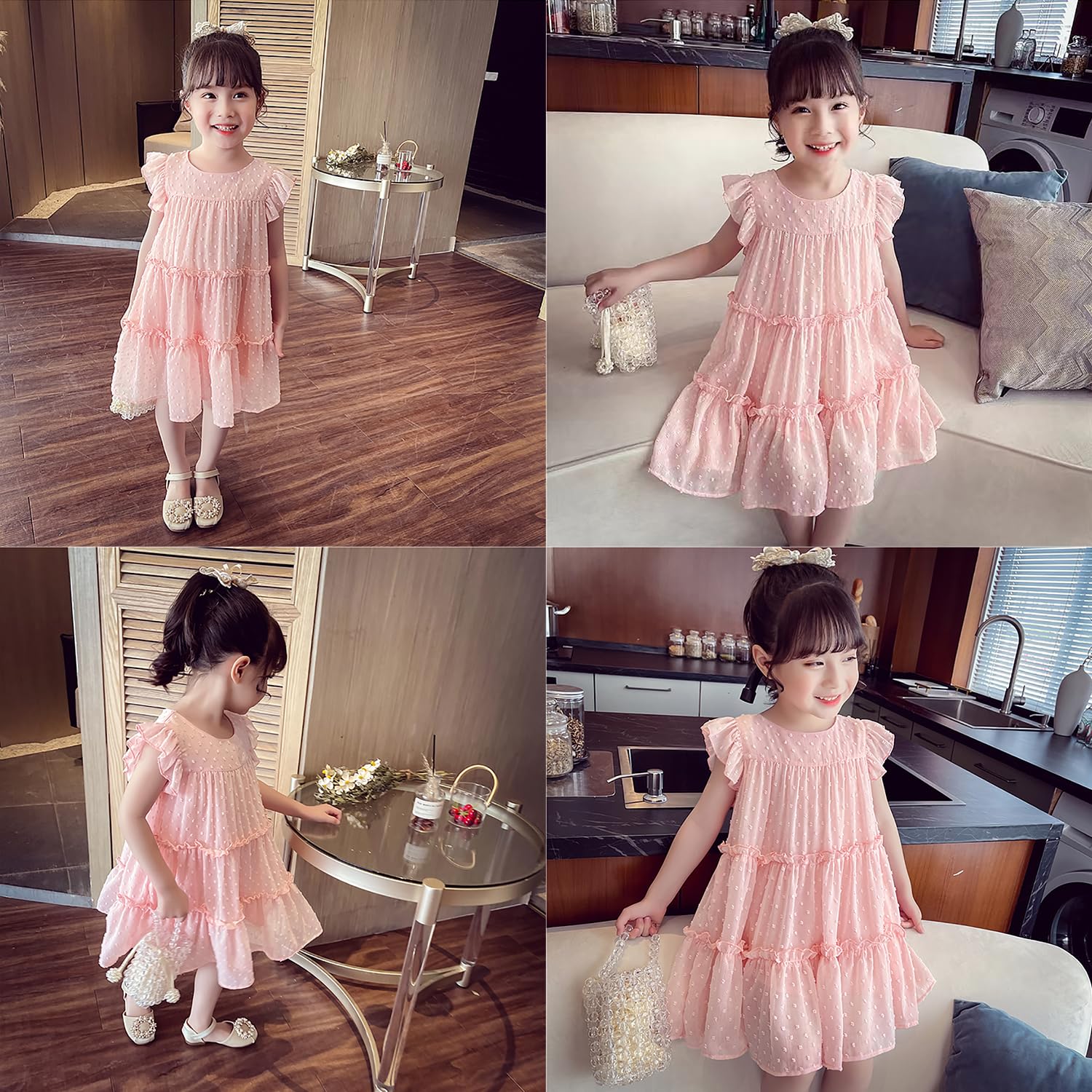 AGQT Toddler Girls Summer Dress Loose Fit Swiss Dots Flowy Pleated Dress Ruffle Babydoll Birthday Chiffon Dress Pink Size 1-2T