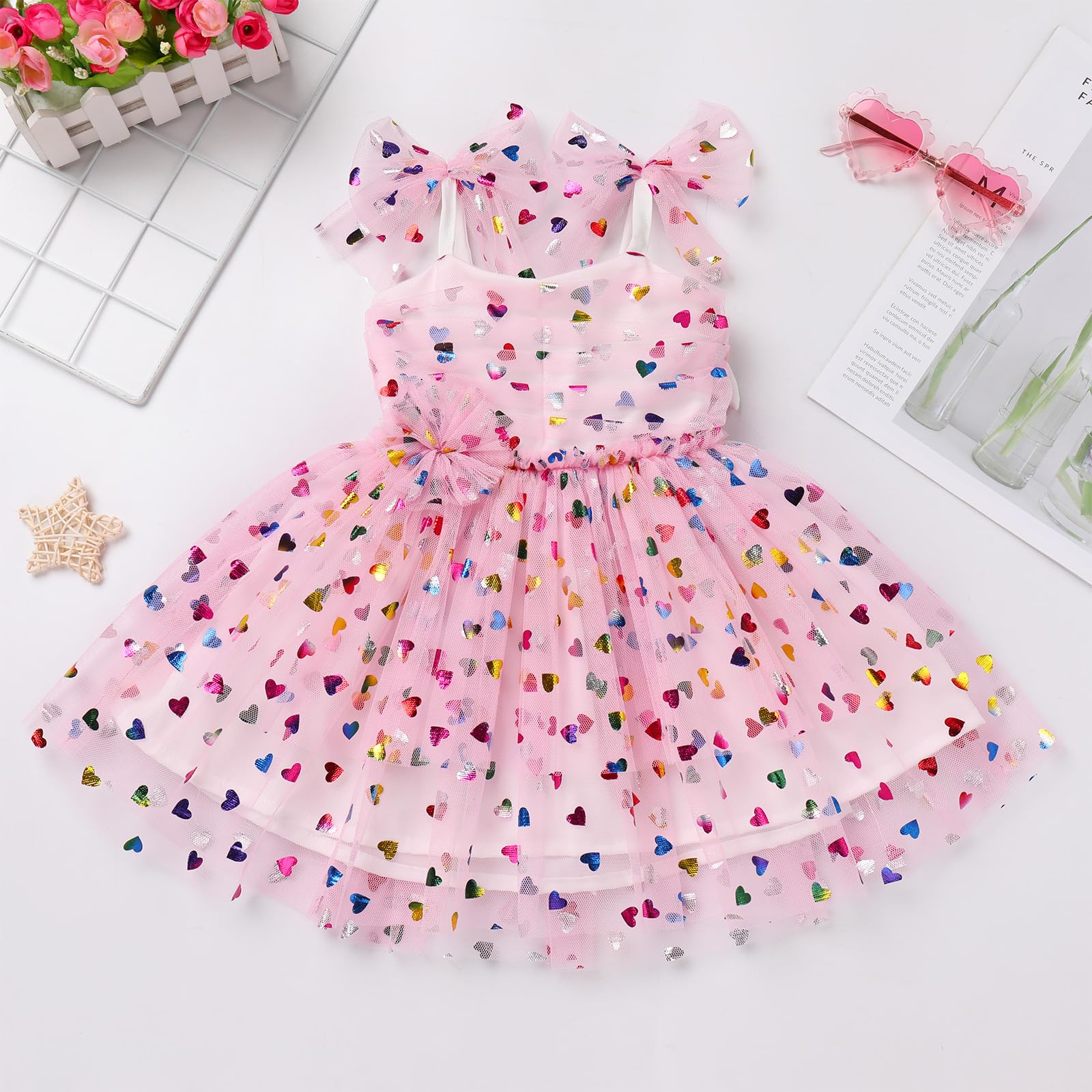 Pageant Dresses for Toddler Girls, Child Kids Flower Birthday Princess Tutu Dress Bow Sleeveless Smoked Dresses for Baby&Toddler Photographs Beach Wedding Christening Outfit Pink heart 3-4T