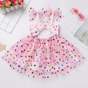 Pageant Dresses for Toddler Girls, Child Kids Flower Birthday Princess Tutu Dress Bow Sleeveless Smoked Dresses for Baby&Toddler Photographs Beach Wedding Christening Outfit Pink heart 3-4T