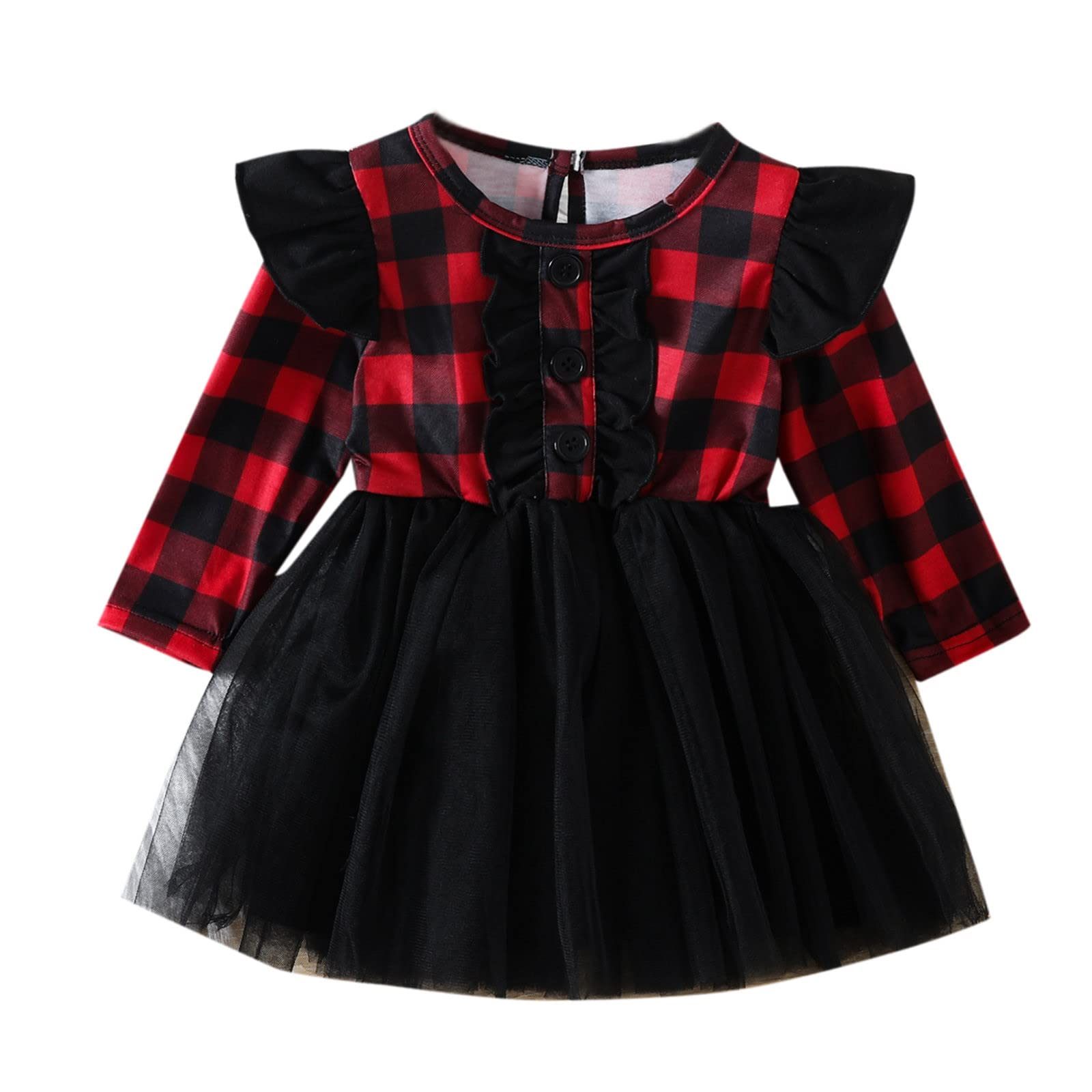 Toddler Girls Long Sleeve Ruffles Dresses Plaid Prints Tulle Princess Dress Dress A Line (A5-Black, 3-4 Years)