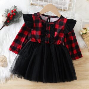 Toddler Girls Long Sleeve Ruffles Dresses Plaid Prints Tulle Princess Dress Dress A Line (A5-Black, 3-4 Years)