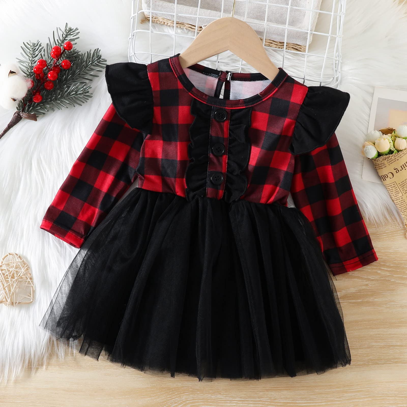 Toddler Girls Long Sleeve Ruffles Dresses Plaid Prints Tulle Princess Dress Dress A Line (A5-Black, 3-4 Years)