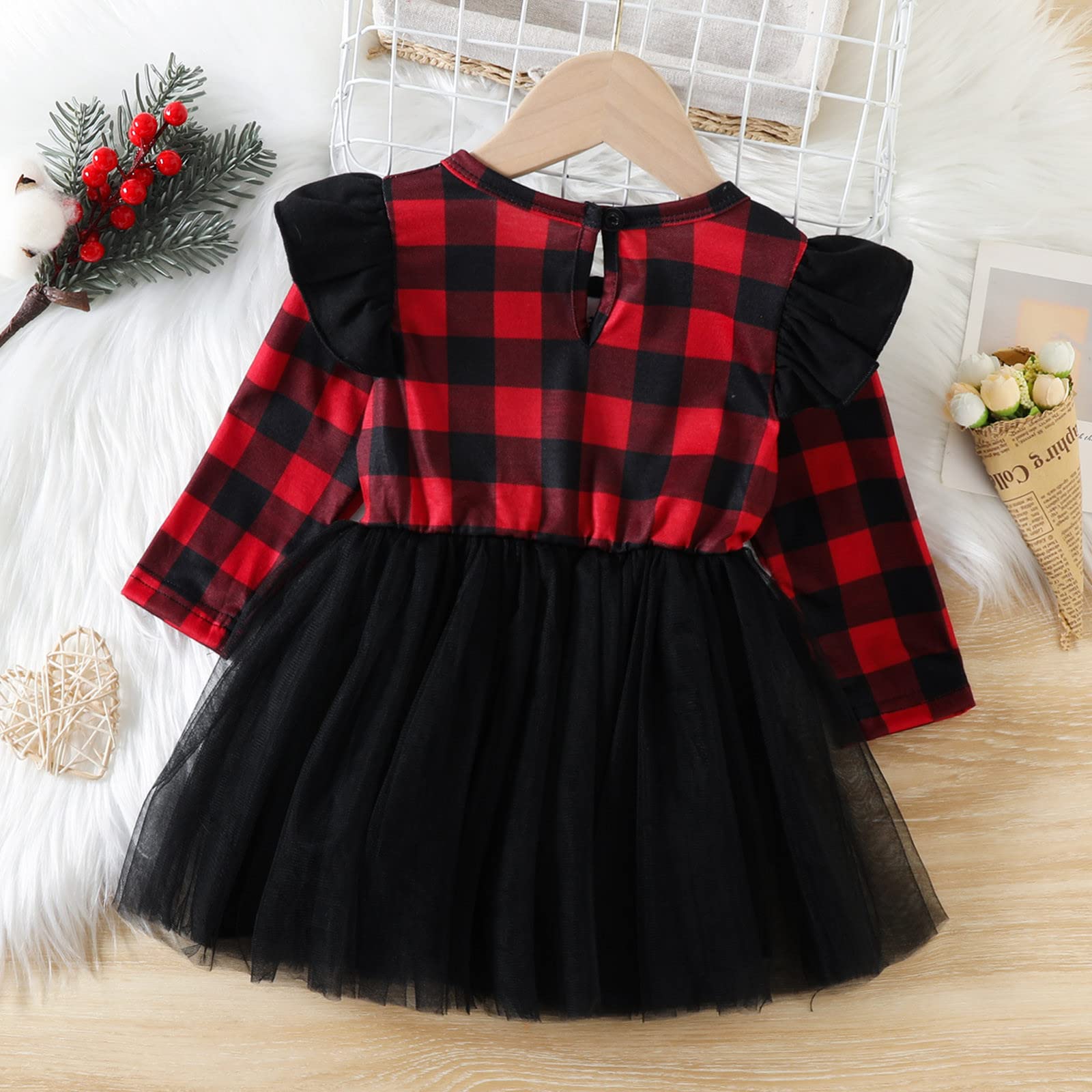 Toddler Girls Long Sleeve Ruffles Dresses Plaid Prints Tulle Princess Dress Dress A Line (A5-Black, 3-4 Years)