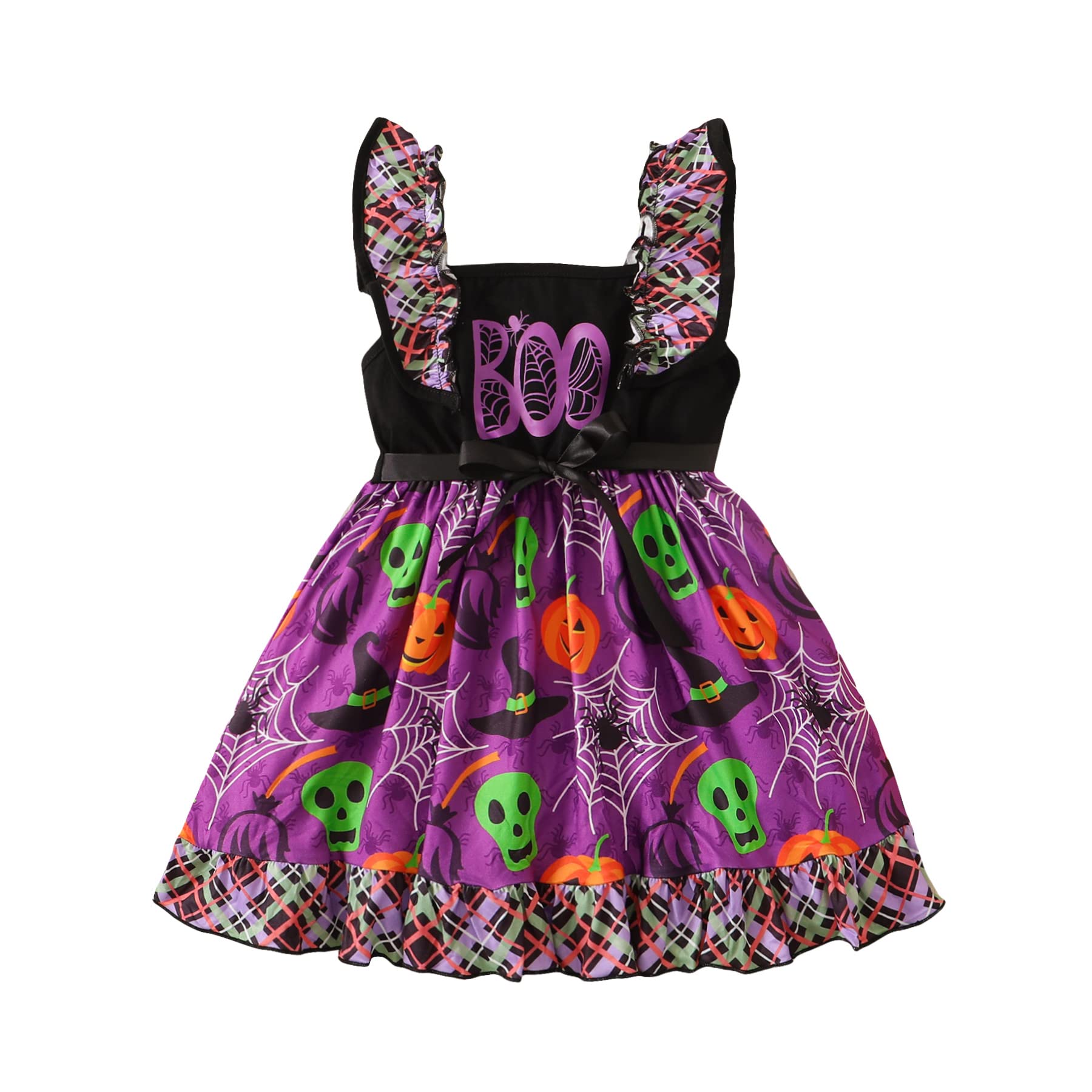 Kids Girls Halloween Dress Boo Pumpkin Pattern Sleeveless Dresses Little Girls Ruffle Dress (Purple, 5-6 Years)